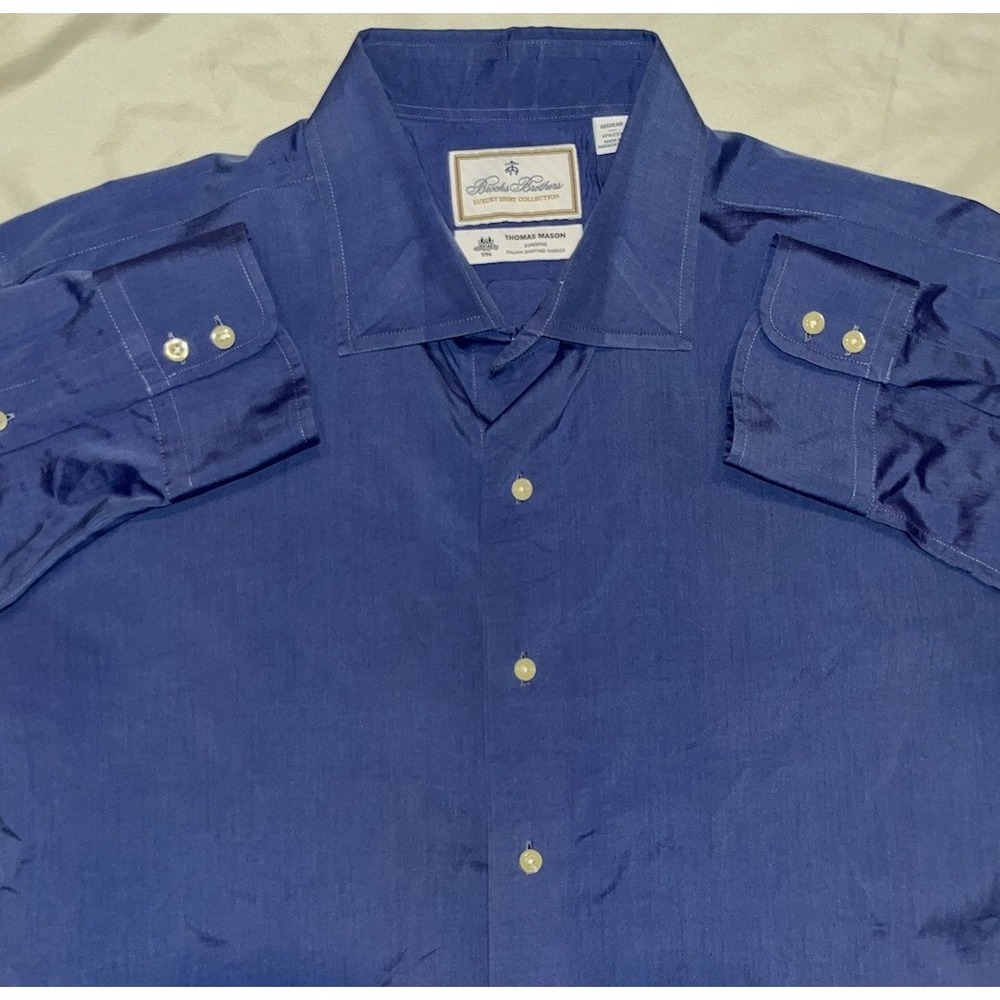 Brooks Brothers Thomas Mason Dress Shirt 17.5x33 Blue Superfine Italian Fabric